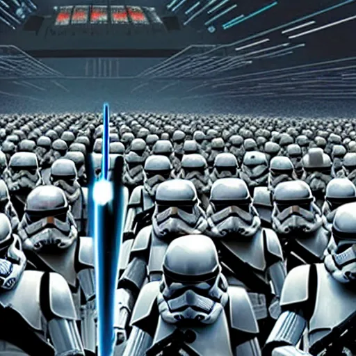 Prompt: Starwars Troopers figting against Jedis with light sabers in a huge space control center with highly reflective glossy floor, huge armies, epic battle, very well detailed, the style of a fantastic action movie, reflections