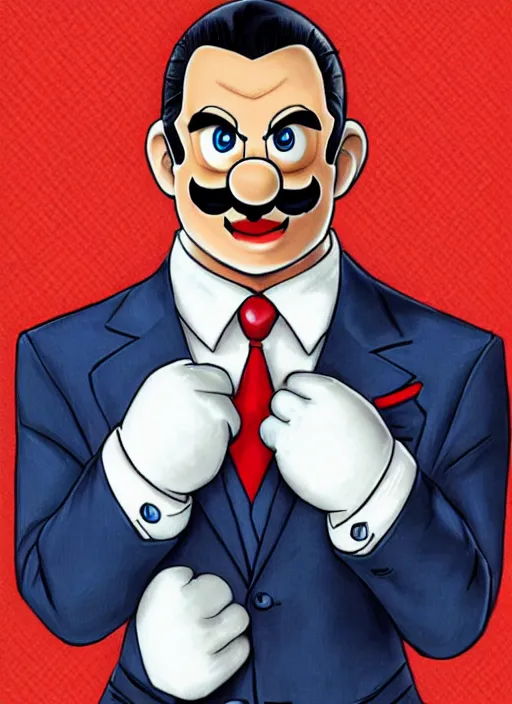 Prompt: super mario in a suit and tie in the style of artgerm