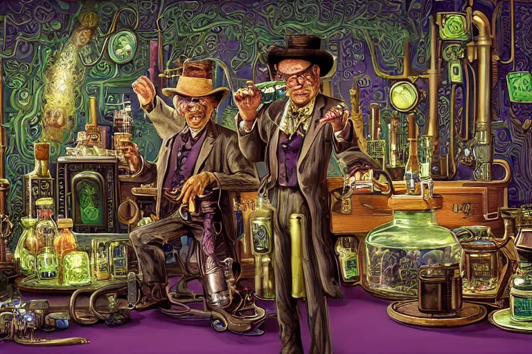 Image similar to Uncle Aloysius, snake oil salesman, wild west crypto pharmaceutical industrialist locomotive petroleum apothecary alchemist tinkerer engineer, cute, fantasy, intricate, elegant, highly detailed, digital painting, 4k, HDR, concept art, smooth, sharp focus, illustration, purple green color scheme, art by Ed Roth and H R Giger and Greg Rutowski and Lisa Frank