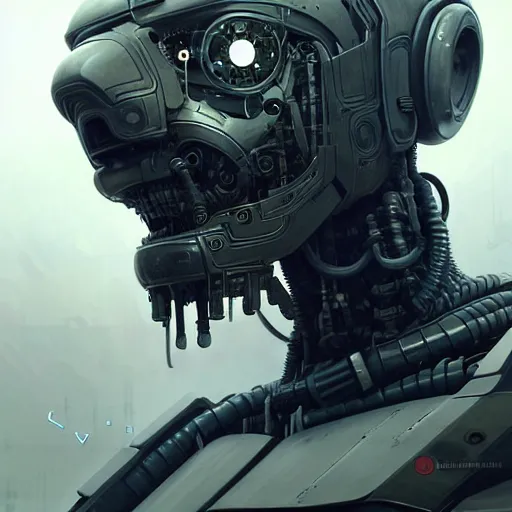 Image similar to detailed character concept art portrait of a detailed and hi - tech diesel punk robot ’ s face, depth of field background, artstation, award - winning realistic sci - fi concept art by greg rutkowski and yoshitaka amano, in the style of james gurney, flat pop color surrealist illustration.