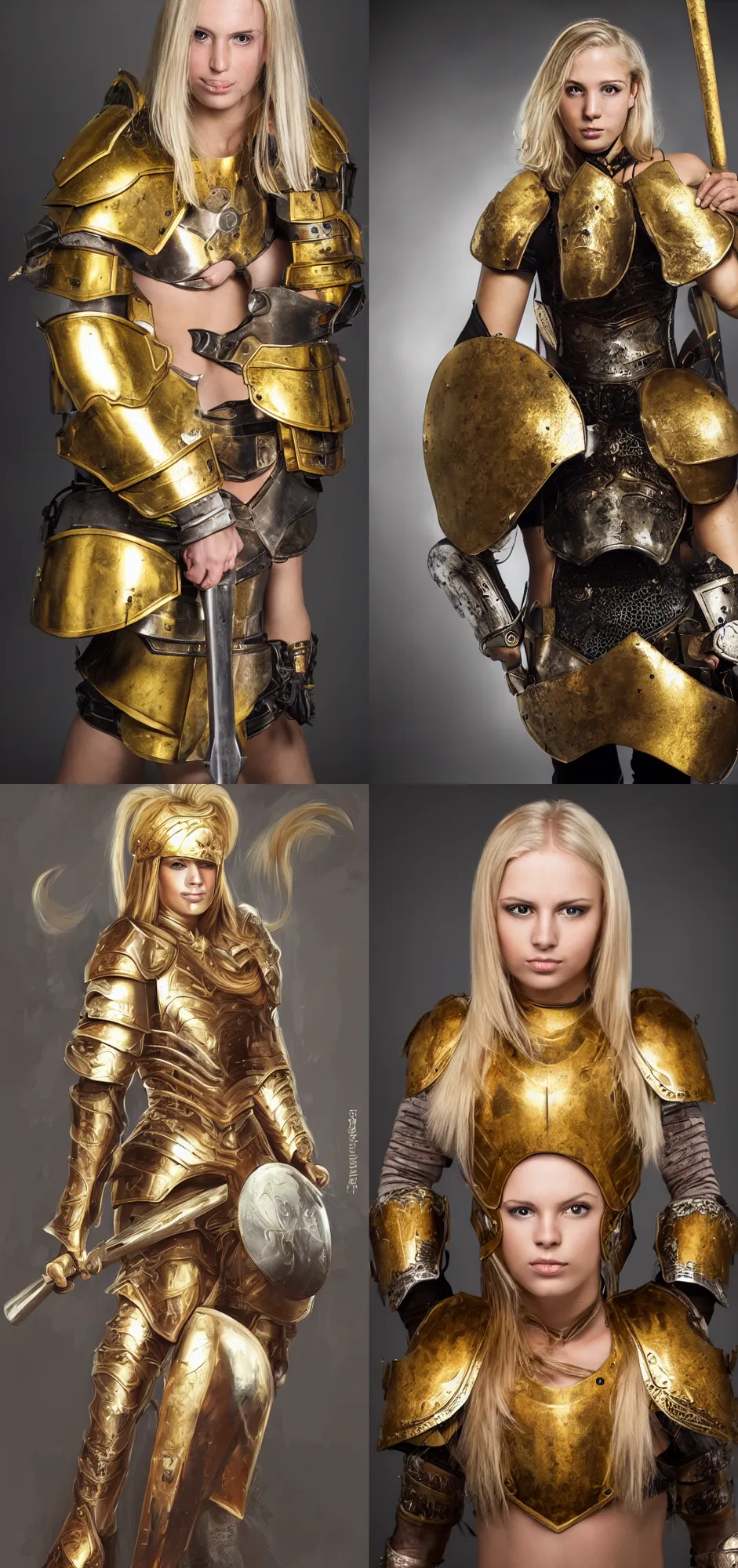 Prompt: beautiful female warrior, half body portrait, blond hair, heavy gold armour