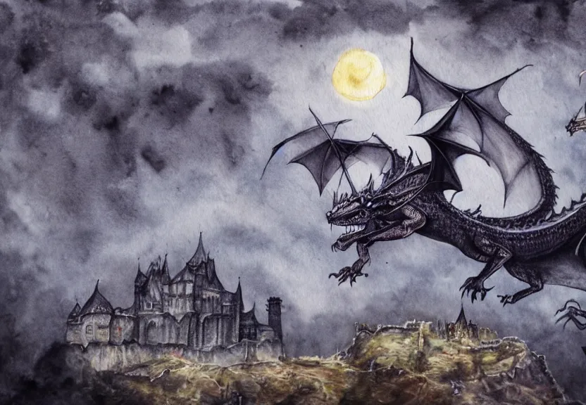 Image similar to possum riding a dragon, flying over a medieval haunted castle under a dark starred sky, dark fantasy, watercolor, dreaming illusion, highly detailed, 4k, trending on Artstation, award-winning