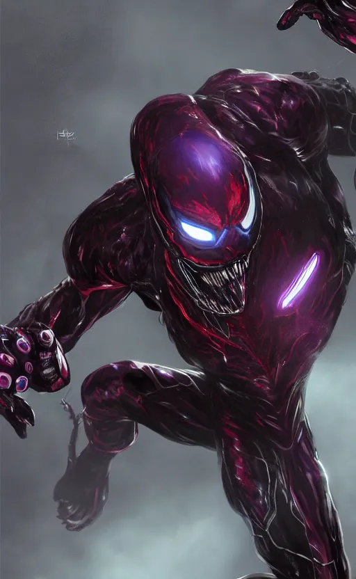 Image similar to venom in a venom inspired ironman suit, purple, black and red, dynamic lighting, photorealistic fantasy concept art, trending on art station, stunning visuals, terrifying, creative, cinematic