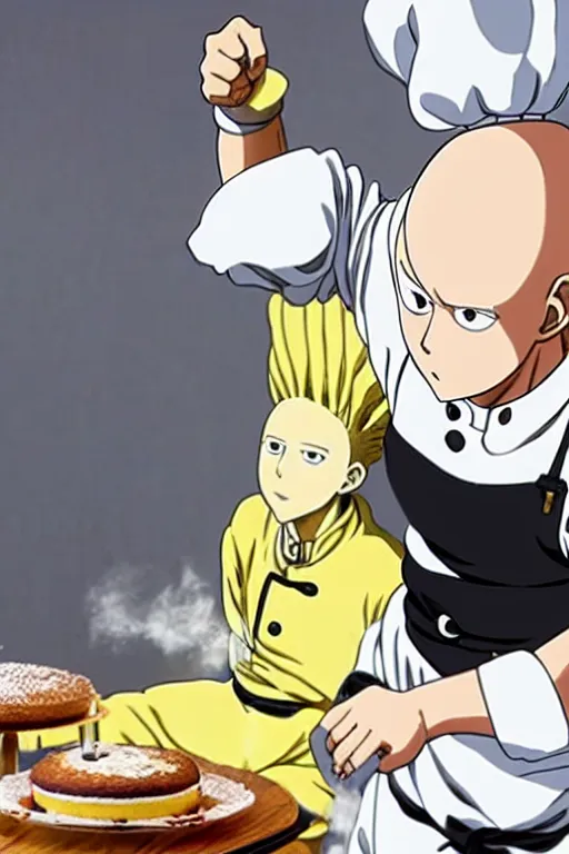 Image similar to chef saitama one punch man, dressed as a pastry chef, making a cake, masterpiece anime artwork