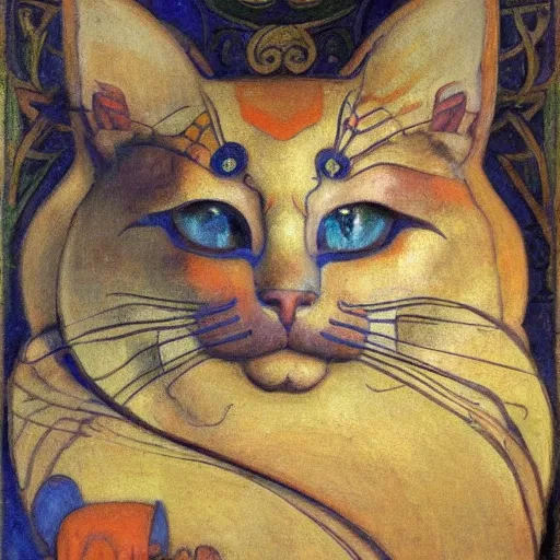 Image similar to masterpiece painting of a mechanical cloisonne cat head sculpture, by annie swynnerton and diego rivera and nicholas roerich and jean delville and janet fish, symbolist, dramatic lighting, god rays, art brut, rich colors, smooth, sharp focus, extremely detailed, adolf wolfli and ( donato giancola and bilibin )