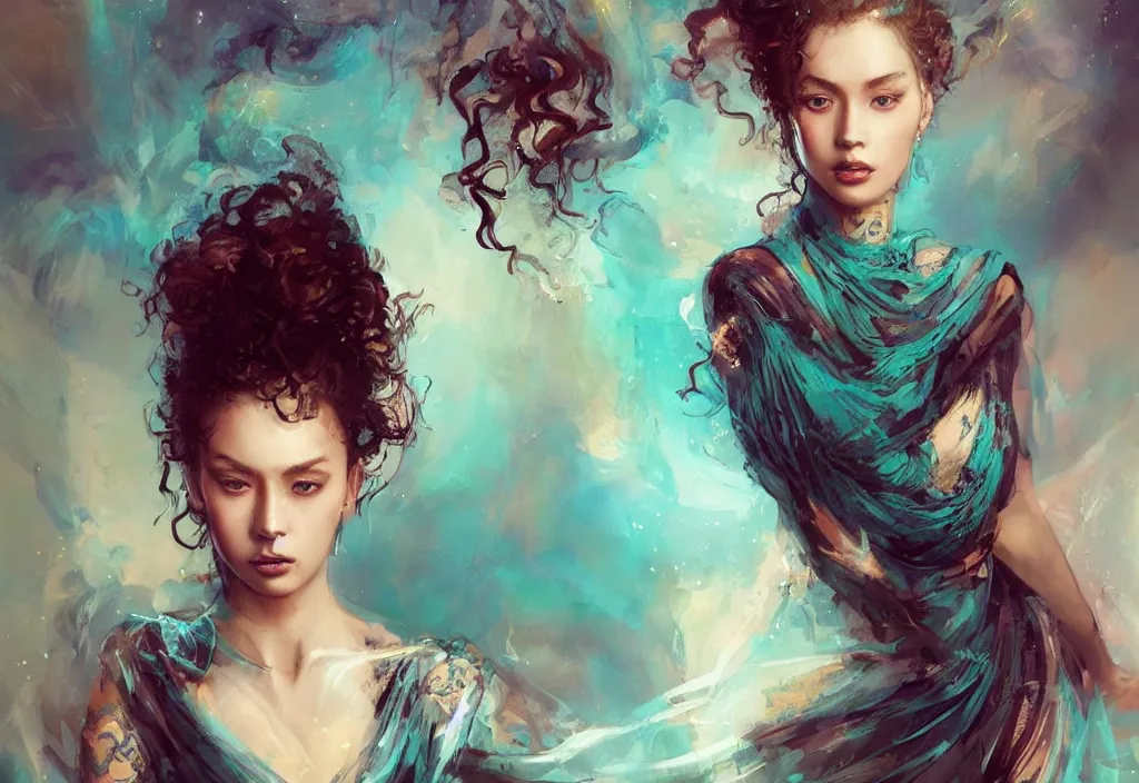 Image similar to full body portrait of a trio of 1 9 years old girl figures, curly messy high bun hairstyle, oriental tattoos, jewelry, subject wearing a high fashion gown, flowing, beautiful, dramatic, cinematic lighting, highly detailed, few vivid turquoise highlights, by ross tran and jeremy mann, artstation, pixiv