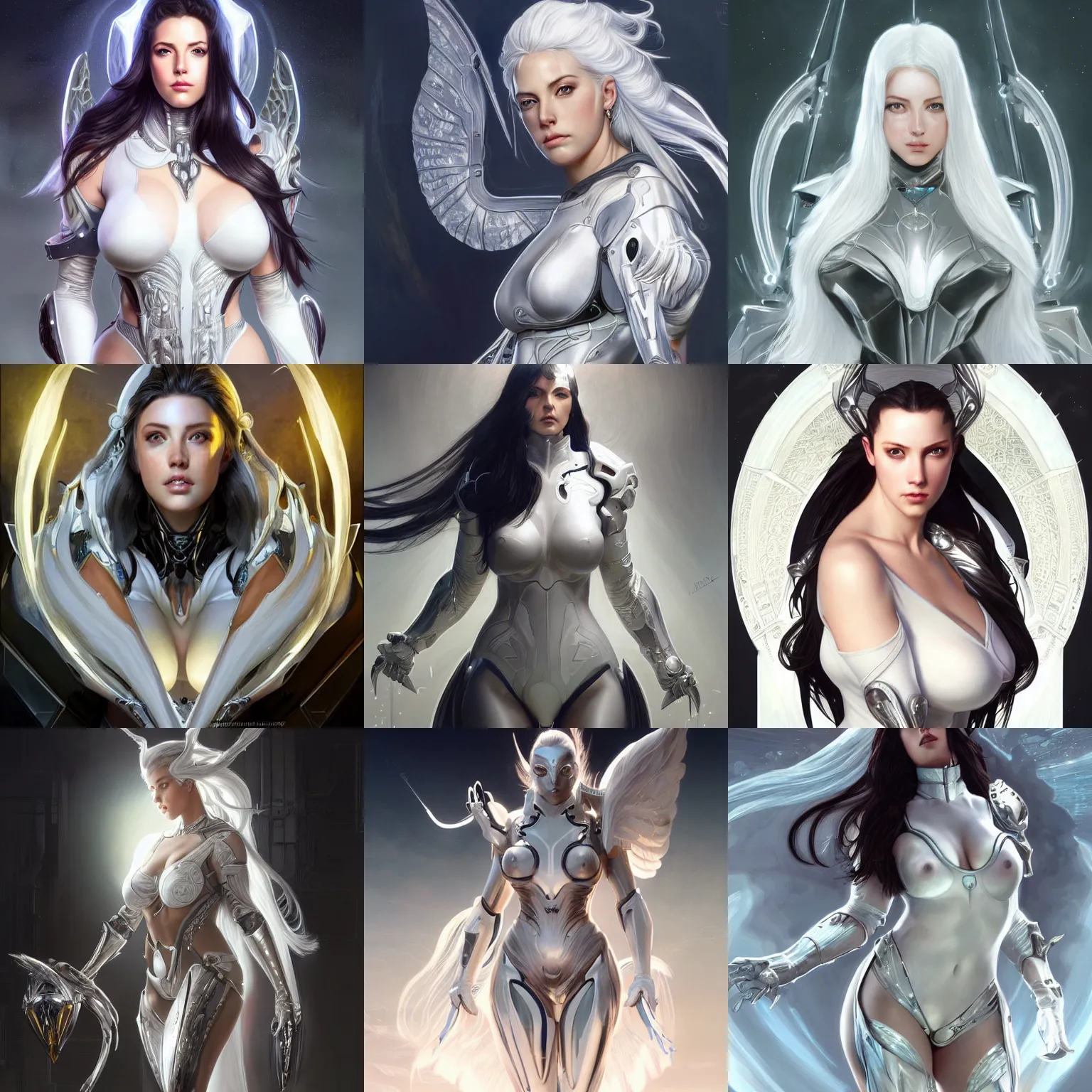 Prompt: ultra realistic illustration, beautiful angelawhite as a white haired cyborg girl in warframe armor, intricate, elegant, advanced technology, aura of light, highly detailed, digital painting, artstation, concept art, smooth, sharp focus, illustration, art by artgerm and greg rutkowski and alphonse mucha