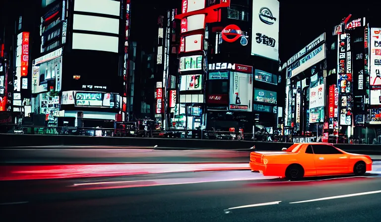 Image similar to wideshot of a nissan skyline gtr driving in tokyo at night, 4k photo, shot with sony alpha