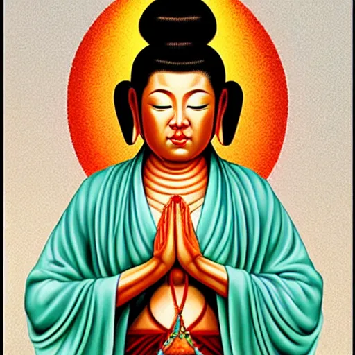 Image similar to contented female bodhisattva, praying meditating, portrait illustration by Jason Edmiston