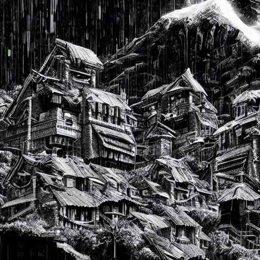 Image similar to Cyberpunk futuristic mountain village by Kentaro Miura, highly detailed, black and white