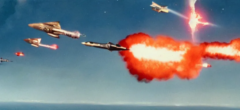 Image similar to a film still of an epic ww 2 space battle, explosions, wide angle, rule of thirds, colorful, thunderbirds, hbo, 4 k, hd, hyperrealistic, 7 0 mm, cronenberg