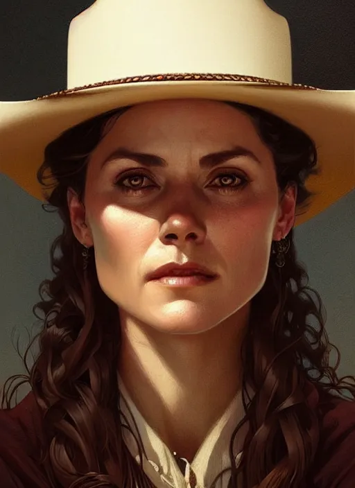 Image similar to portrait of dolores from westworld, cowboy, 1 8 9 0, western, hat, colt intricate, headshot, highly detailed, digital painting, artstation, concept art, sharp focus, cinematic lighting, illustration, art by artgerm and greg rutkowski, alphonse mucha, cgsociety