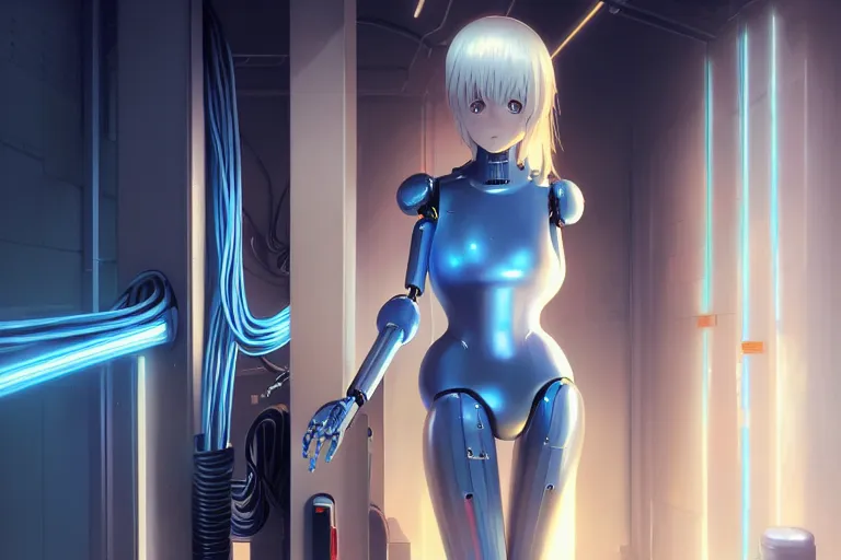 Image similar to datacenter room connects cables young robot server android baroque oil painting finely detailed perfect face flowing long fiberoptics blonde hair robot eyes blue. anime shinkai takeuchi key visual of character concept art metal female robot body suit pixiv fanbox, painted by greg rutkowski