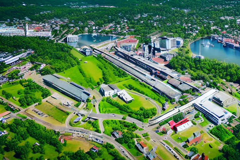 Image similar to bird's eye view photography of a small city. town hall, central farm, monorail station, beach and shipping dock. hills, woods and lake to the north.