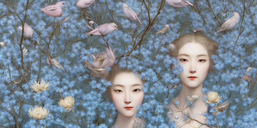 Image similar to breathtaking detailed concept art painting art deco pattern of blonde faces of feminine floral korean men amalmation light - blue flowers with anxious piercing eyes and blend of flowers and birds, by hsiao - ron cheng and john james audubon, bizarre compositions, exquisite detail, extremely moody lighting, 8 k