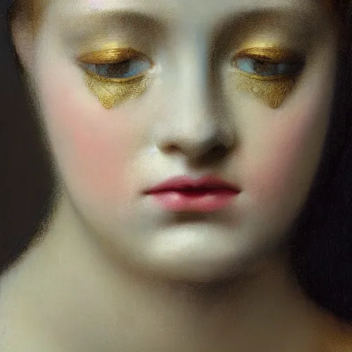 Image similar to a beautiful girl's face made of ivory and gold filigree, daguerreotype by edward hopper, by Bosch, by klimt, by Pontormo, art noveau, highly detailed, strong lights, liminal, eerie, Bright pastel colors, octane render, 8k