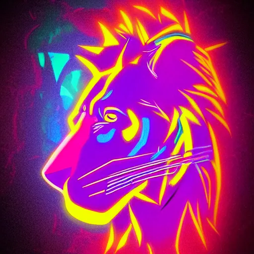 Image similar to A portrait of lion wearing a futuristic helmet in the style of synthwave