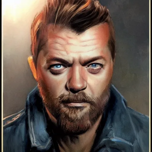 Image similar to beautiful portrait of a man with a short-beard blue eyes(looking like joshua jackson and aaron paul, sean bean), in the style of Enki Bilal and Joe Jusko and Alex Ross, backlit, trending on artstation