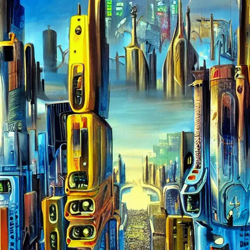 Image similar to a painting of cyberpunk city, salvador dali style