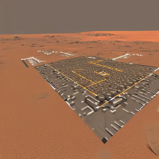 Prompt: a technical blueprint, voxel based world, space mining station on the surface of mars, myriad of interconnected yellow drop pod structures, connected via tubes