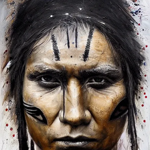 Prompt: A Native American warrior, war paint, realistic, sharp focus, 8k high definition, insanely detailed, intricate, elegant, art by Guy Denning