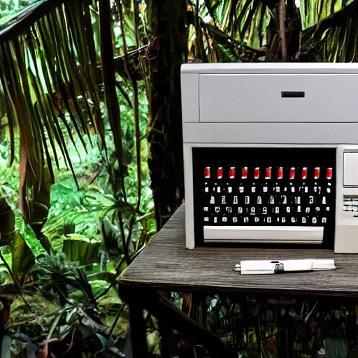 Prompt: an apple iie computer on a wooden desk, in the middle of the jungle, epic drama