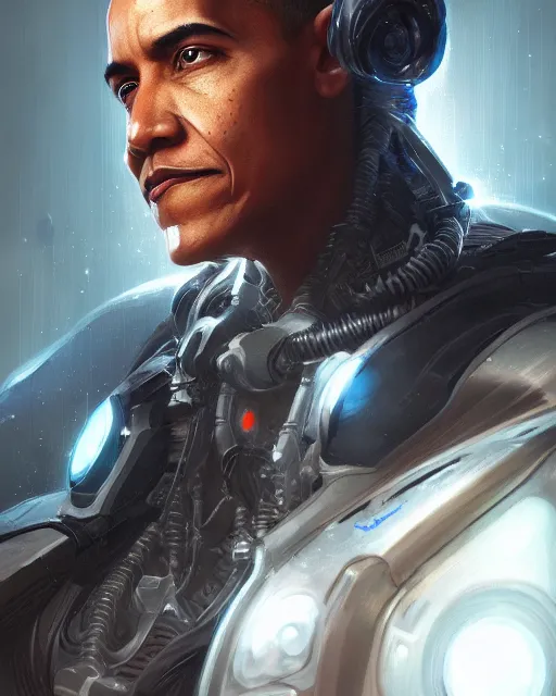 Image similar to portrait of holy cyborg barack obama, fantasy, intricate, elegant, highly detailed, digital painting, artstation, concept art, smooth, sharp focus, illustration, by artgerm and greg rutkowski