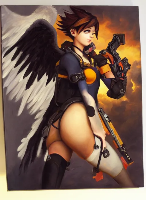 Image similar to oil painting of tracer overwatch in the style of sophie anderson, on knees, angel wings, black outfit, dramatic painting, wearing black choker,