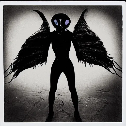 Image similar to a dark artistic photo of an alien creature with crazy wings, a polaroid photo