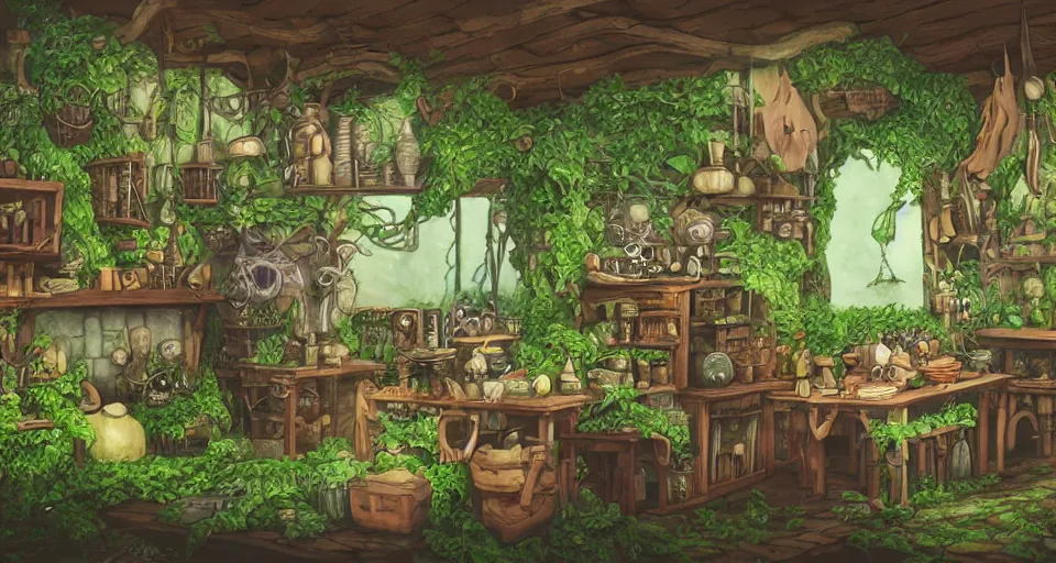 Image similar to small witch shop, counter, cauldrons, potions, hats, owls, ferns and vines, highly detailed, sharp focus, matte painting, by studio ghibli, by giovani magana,