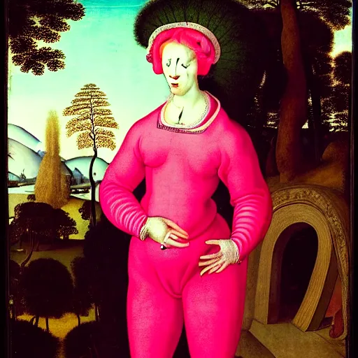 Image similar to full length portrait of a woman with red hair and big hair curlers, wearing a neon pink baggy pajamas, standing in a botanical garden, intricate details, highly detailed, in the style of rogier van der weyden and jacopo da pontormo, punk, masterpiece, asian art