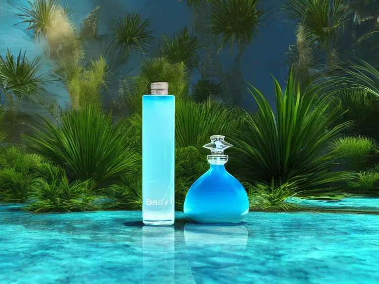 Image similar to perfume bottle standing in a desert oasis in deep blue pond water surrounded by tropical flora by zaha hadid ; octane highly render, 4 k, ultra hd, 2 0 0 mm, mute dramatic colours, soft blur outdoor stormy sea background, volumetric lighting