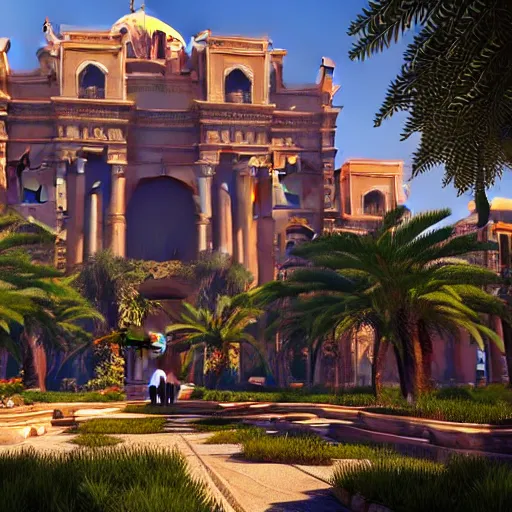 Prompt: a beautiful screenshot in the style of horizon zero dawn with the khedival opera house in talaat harb square cairo with lush landscaping, date palm trees, shrubs and flowers. trending on artstation