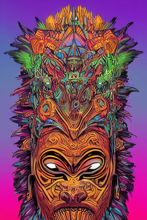 Image similar to totem animal mask tribal feather gemstone plant wood rock shaman vodoo video game vector illustration vivid multicolor borderlands comics by josan gonzales and dan mumford radiating a glowing aura