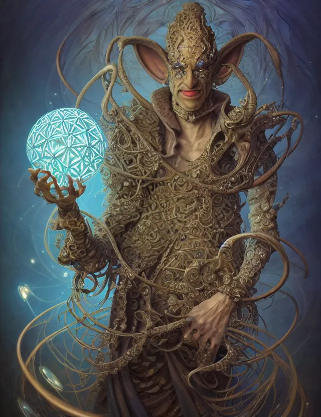 Image similar to front shot of a court jester character, hyperdimensional, bioluminescent hypercubes, ((intricate)), elegant, highly detailed, centered, (((artstation, concept art, smooth, sharp focus, artgerm, Tomasz Alen Kopera, Peter Mohrbacher, donato giancola, Joseph Christian Leyendecker, WLOP, Boris Vallejo))), mugshot!!!!!, ugly!!!!!!, octane render, nvidia raytracing demo, grainy, muted, 8K, digitalblasphemy