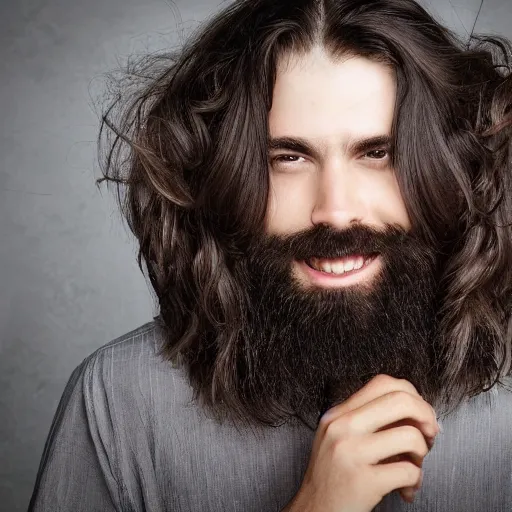 Prompt: bearded man with very long wavy hair