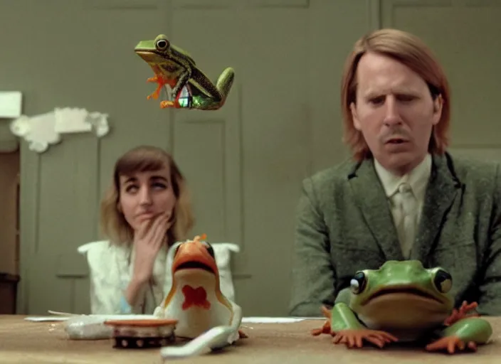 Image similar to movie still of a wes anderson movie about frogs