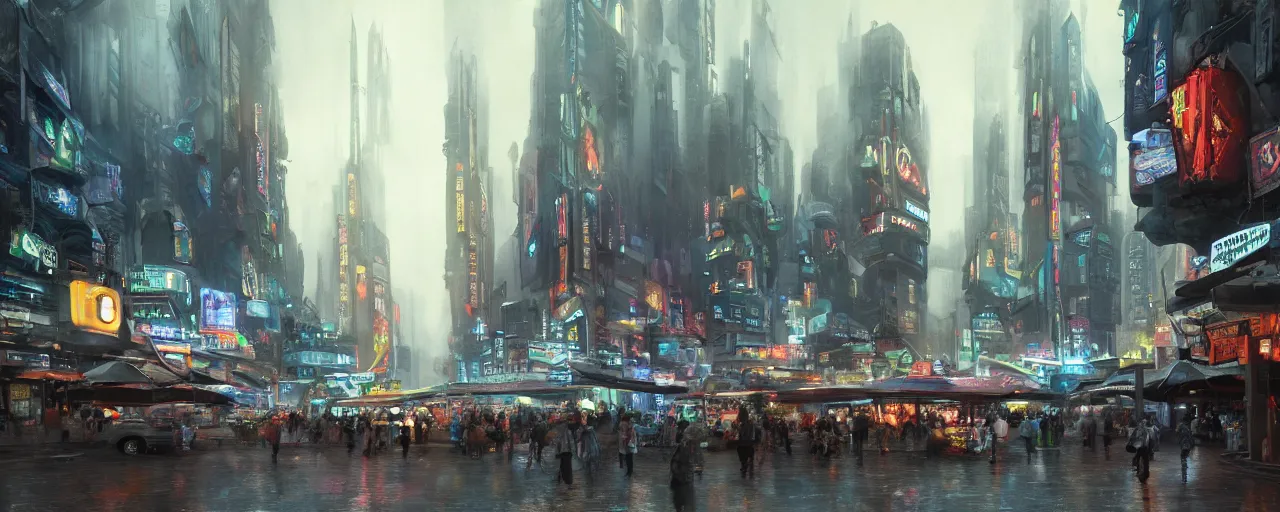 Image similar to street level view of a futuristic bladerunner market and trading post at the center of a large advanced metropolis busy with activity lots of market signs aliens and people with a floating cars on the streets by craig mullins, neil blevins, dylan cole, james paick, hyper realistic, night, environment fog, cinematic lighting, 8 k, vray render, artstation, deviantart,