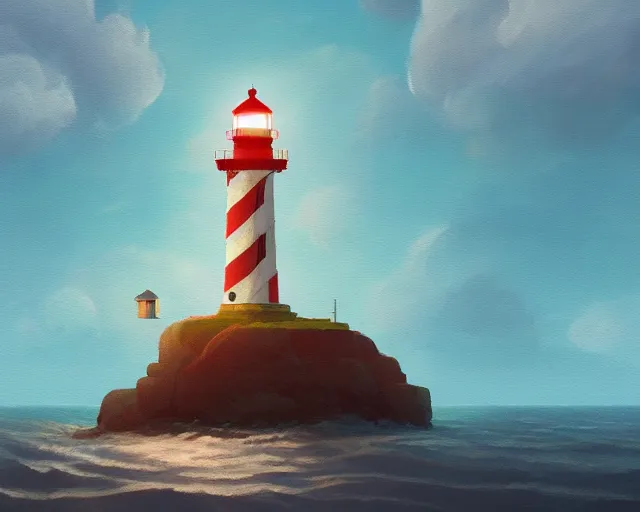 Image similar to painting of lighthouse in the sea by goro fujita, makoto shinkai, simon stalenhag, cinematic shot, exquisite lighting, clear focus, brush stroke, plain background, soft painting