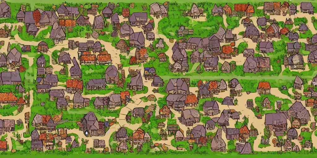 Image similar to a high detailed village vector art presenting an aerial view of a cartoonish rpg village by dungeondraft, dofus, patreon content, containing tables and walls, hd, straight lines, vector, grid, dnd map, map patreon, fantasy maps, foundry vtt, fantasy grounds, aerial view, dungeondraft, tabletop, inkarnate, dugeondraft, roll 2 0