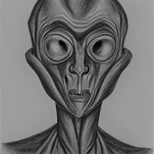 Prompt: pencil art of a grey alien, studio portrait