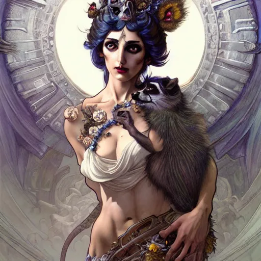 Prompt: a raccoon as the roman goddess of chaos!! intricate elegant, highly detailed, digital painting, artstation, concept art, smooth, sharp focus, illustration, art by ( ( ( artgerm ) ) ) and greg rutkowski! and ( ( alphonse mucha ) ), heavily influenced by frank frazetta and boris vallejo, sword and sorcery