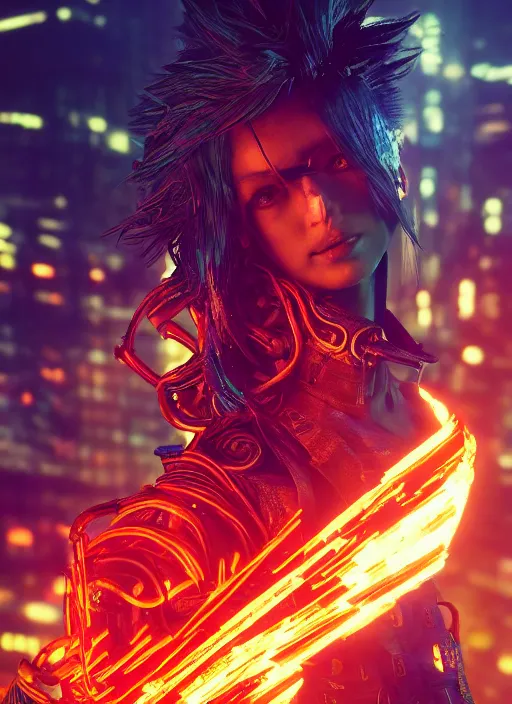 Image similar to Cyberpunk warrior with flaming hair, light atmosphere, neon, cinematic shot, intricate, ornate, photorealistic, ultra detailed, realistic, 100mm, photography, octane, high definition, depth of field, bokeh, 8k, artstation