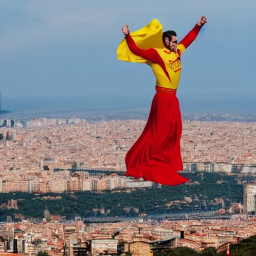 Image similar to santigo abascal flying over barcelona wearing a red and yellow cape