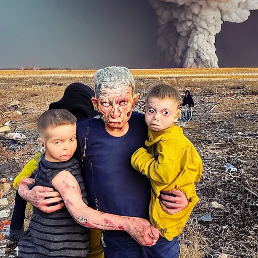 Image similar to selfie of the last surviving ukrainian with children with evil faces, wild pain and damage to the body burns alive to the bone, painted in dirty yellow - blue colors, a huge nuclear explosion is approaching in the background, corpses and skeletons are everywhere, the earth is on fire, smoke and radioactive rain