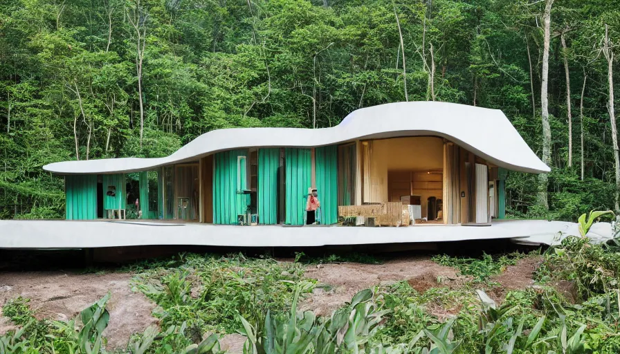 Image similar to A wide image of an eco-community of innovative contemporary 3D printed prefab sea ranch style cabin with rounded corners and angles, beveled edges, made of cement and concrete, organic architecture, in a lush green forest Designed by Gucci, Balenciaga, and Wes Anderson, golden hour