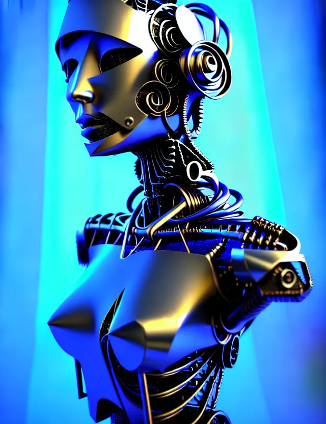 Prompt: complex 3 d synthwave robot women, portlet photo, blue silver and black, fractal veins. cyborg, 1 5 0 mm, beautiful natural soft light, rim light, fractal details, fine lace, mandelbot fractal, anatomical fractal, glass facial muscles, elegant, ultra detailed, metallic armor, octane render