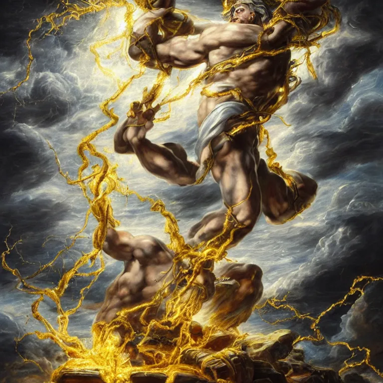 Prompt: mythological god of thunder and artificial intelligence creating an artificial neural network with dark yellow synapses on an anvil, high resolution, award winning art, trending on art station, sharp image, incredibly detailed, god of thunder detailed character realistic painting, painting by peter paul rubens