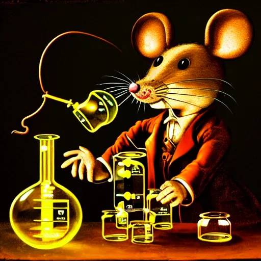 Image similar to anthropomorphic steampunk mouse performing a chemistry experiment with bright radioactive beakers, realistic, chiaroscuro, renaissance art, realistic, intricate textures