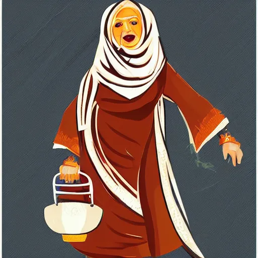 Prompt: a babushka hits a gong in a dark ballroom, she wears a dune - inspired outfit and accessories with a bit of spice from the world she is from, digital art